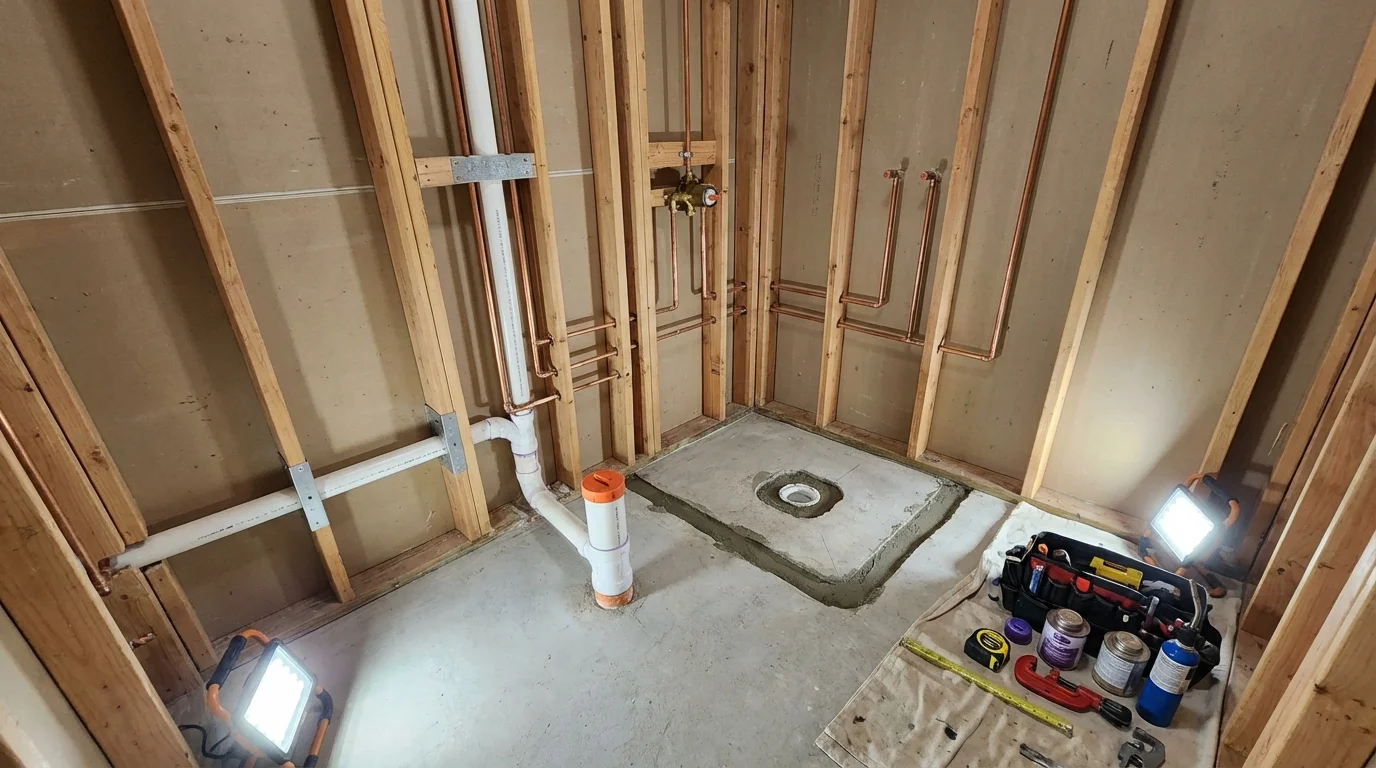 Bathroom rough-in plumbing during remodel by Johns Plumbing LLC in Burke