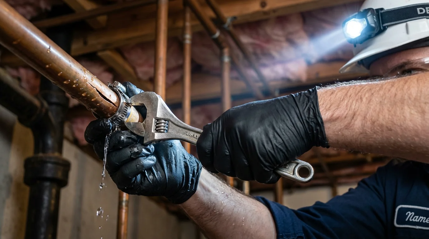 Emergency pipe clamp repair being performed by a Johns Plumbing LLC plumber in Burke