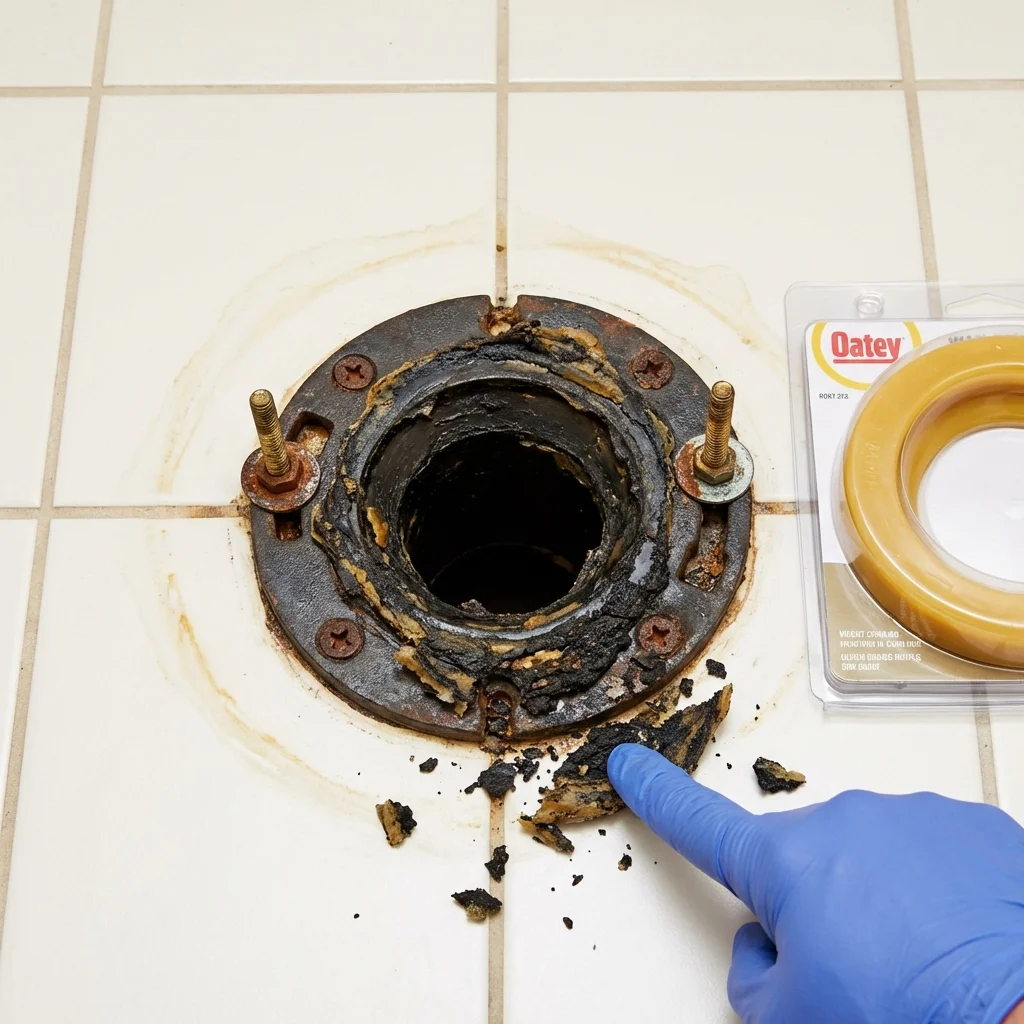 Failed wax ring showing water seepage at the base of a toilet in a Burke, SD home